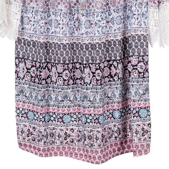 West Loop Peasant Blouse M Womens Long Lace Sleeves Floral Blue Pink Black - Picture 4 of 6